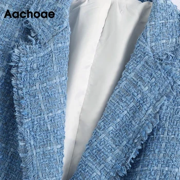 Aachoae Moda Uzura De Birou Albastru Tweed Blazer Pentru Femei Elegante Breasted Dublu Strat De Sacou Casual Cu Maneci Lungi, Buzunare Uza