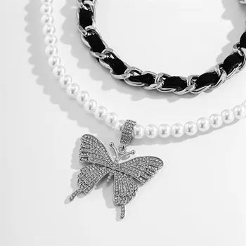 Cosysail 2 buc/Set Stras Fluture Pandantiv Colier de Perle pentru Femei Farmec Catifea Indesata Cravată Colier Declarație Jewelay