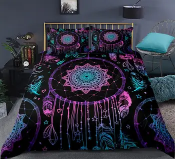 Dreamcatcher Set de lenjerie de Pat Violet Carpetă Acopere stabilit Boho Pene Lenjerie de pat Galaxy 3-piesă de dropship