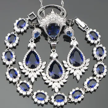 Drop Albastru Inchis Cubic Zirconia, Argint 925 Bijuterii Seturi Pentru Femei Cercei/Inele/Pandantiv/Colier/Brățări Gratuit Cutie De Cadou