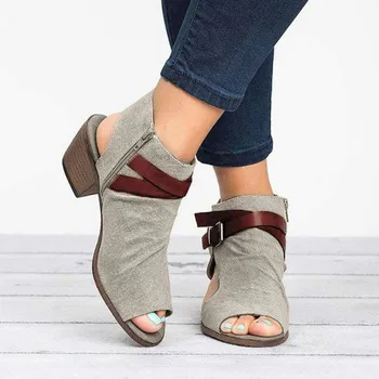 Femei Sandale Pantofi 2019 Stil De Vara Pompe Tocuri Peep Toe Fermoar Moda Curea Cataramă Masiv Gladiator Plus Dimensiune 34-43