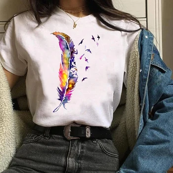 Femei T Shirt Femei Grafic Estetice Casual Acuarelă Pene de Moda anilor ' 90 Print Haine Doamna Teuri Topuri Femei T-Shirt
