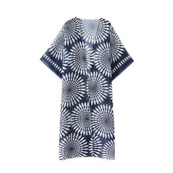 Femei Vara Vintage Cardigan Geometrie Print Kimono Plaja Acoperi Bikini Pareo De Culoare Albastru Închis Costume De Baie Halat De Plage 2020