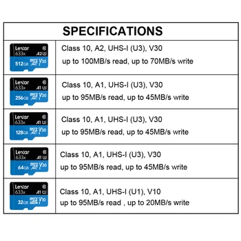 Lexar 633X de Mare Viteză Card de Memorie de 512 GB A2 TF Card Class10 UHS-I U3 A1 Card MicroSD de 32GB, 64GB, 128GB, 256GB Pentru Telefonul Mobil Gopro