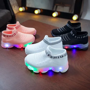 Moda Fata Nou-Născut Pantofi Adidasi Copii Fete Băieți Scrisoare Plasă Luminoasă Cu Led-Uri Șosete Sport Run Adidasi Pantofi Casual