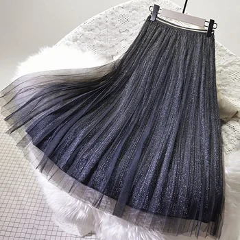 Moda pentru femei Bling Bling Tul Fusta Casual Ladies Mare Elastic Talie Cutat Aur Negru Fuste Midi 2020 Vara Toamna SK214