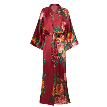 Satin Lung Pijamale Pentru Femei camasa de noapte V-neck Kimono-Halat de baie Rochie de Imprimare de Flori Satin Halat de baie de Dimensiuni Mari 3XL 4XL 5XL 6XL