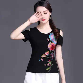 Tricou Femei de Pe umăr Top cu maneci Scurte din Bumbac tricou de Înaltă calitate Etnice Broderie Doamnelor Plus dimensiune Casual Negru