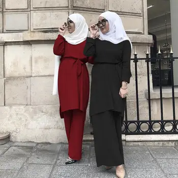 Abaya Jilbab-Ul Femeilor Musulmane Maneca Lunga Topuri Lungi Cu Centura De Pantaloni Largi Picior Haine Islamice Set Turc Qatar Caftan Arabe Moda