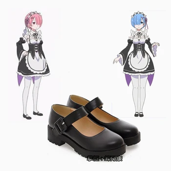 Anime Re:Zero kara Hajimeru Isekai Seikatsu Ram Rem Kasugano Sora Cosplay Pantofi Femei Menajera Negru din Piele, tv cu Toc mic Pantofii