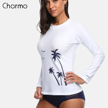 Charmo Femei Long Sleeve Rashguard Tricou costume de Baie, Tricouri UPF50+ nucă de Cocos Copac Costume de baie-Protectie UV Rash Guard Top Surf Shirt
