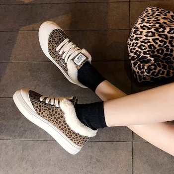 Noi Femeile De Iarnă Pantofi De Panza Femme Căptușite Cu Blană De Leopard De Imprimare Fete Adidasi Casual De Pluș Cald În Interiorul Bună Calitate Vulcanizat Pantof