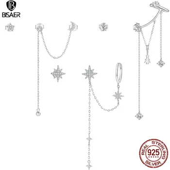 BISAER Brincos Argint 925 Stralucitoare Stele Stud Cercei pentru Femei Ciucure de Design Cercei Moda Bijuterii Bijoux EFE431