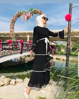 Dubai Islam, Musulman Tort Dulce Rochie de Femei Flare Sleeve Lace-up Multi-strat Cutat Cupcake Rochii de Glezna-lungime Haine Islamice