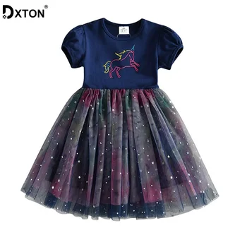 DXTON Vara Unicorn Fete Dress Aplicatiile Copii Rochie Pentru Petrecere Tul Fete Printesa Vestidos Școală de Desene animate pentru Copii Dress