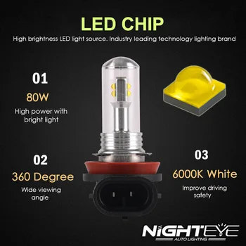 Nighteye H1 H3 H4 H7 H11, H16 880 9005 9006 80W Cu Lumini LED-uri 1500lm Lampa de Ceață Coada de Conducere Becuri Faruri 2 buc