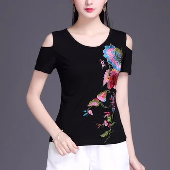 Tricou Femei de Pe umăr Top cu maneci Scurte din Bumbac tricou de Înaltă calitate Etnice Broderie Doamnelor Plus dimensiune Casual Negru