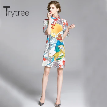 Trytree de Vară 2020 Femeie Rochie Casual, Guler Stand de Imprimare de Moda O-linie Slăbită de Moda de Epocă Elegant temperament Rochie Mini