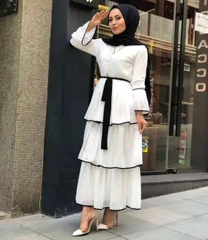 Dubai Islam, Musulman Tort Dulce Rochie de Femei Flare Sleeve Lace-up Multi-strat Cutat Cupcake Rochii de Glezna-lungime Haine Islamice
