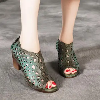 Johnature Femei Sandale Retro Din Piele Femei Pantofi 2020 Vara Noi Zip Cusut Manual Casual Concis Doamnelor Sandale