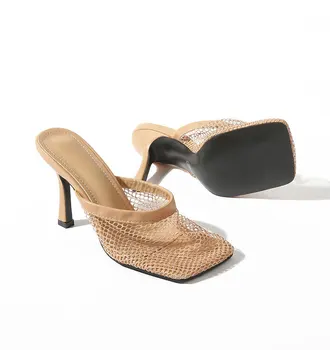 Nou Gol Ochiurilor De Plasă Respirabil Femeie Tocuri Subtiri De Mare Papuci De Vara Vintage Square Toe Sandale Catâri Femme Pantofi Pompe
