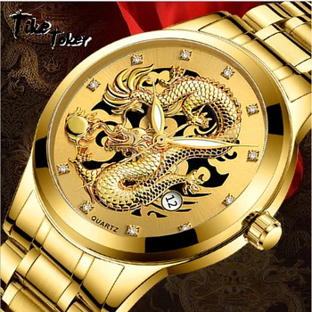 Tike Toker Bărbați impermeabil ultra subțire non ceas mecanic barbati bandă de oțel Ceas calendar Golden Dragon Phoenix cuplu de masă