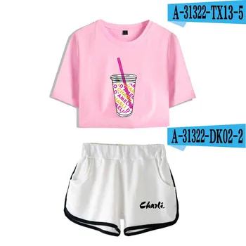 2020 Femei din Două Piese, pantaloni Scurți + Drăguț T-shirt Harajuku Vânzare Fierbinte de Imprimare de Flori de Gheață Cafea Splash Charli Damelio Fata Set