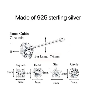 8Pcs Argint 925 Inele de Nas Știfturi 3mm pătrat Rotund stele dragoste inima Asortate Forme zircon CZ Nas Corp Bijuterii Piercing