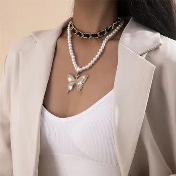 Cosysail 2 buc/Set Stras Fluture Pandantiv Colier de Perle pentru Femei Farmec Catifea Indesata Cravată Colier Declarație Jewelay