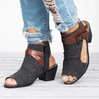 Femei Sandale Pantofi 2019 Stil De Vara Pompe Tocuri Peep Toe Fermoar Moda Curea Cataramă Masiv Gladiator Plus Dimensiune 34-43