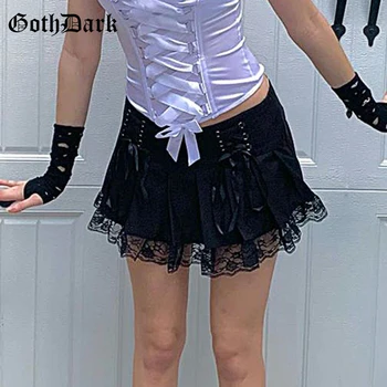 Goth Întuneric Dantela Mozaic Gotic Fuste Mini E-Fata Y2k Cutat Sexy Negru Dantelă-Up O-linie Scurt, Rochii Femei, Toamna Streetwear