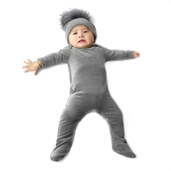 Copil nou-născut fete baieti catifea romper haine de iarna gros body cu blana naturala pompm pălărie seturi 0-3 fetita footies 2020