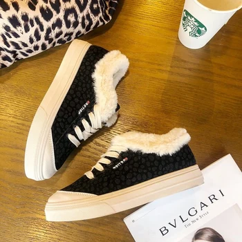 Noi Femeile De Iarnă Pantofi De Panza Femme Căptușite Cu Blană De Leopard De Imprimare Fete Adidasi Casual De Pluș Cald În Interiorul Bună Calitate Vulcanizat Pantof